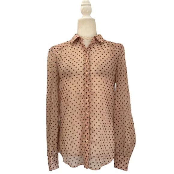 REISS Blouse Semi Sheer Button Front Polka Dot Blouse in Blush and Black - Picture 2 of 10